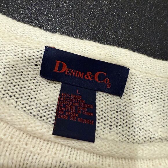 Denim & Co Sz L Ivory USA Star Antique Flag Art-to-Wear Sweater - Picture 7 of 9